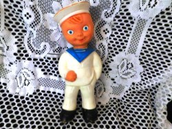 9" TALL VINTAGE 50 - 60S RUBBER SAILOR DOLL, MOLDED SAILOR SUIT, HAT